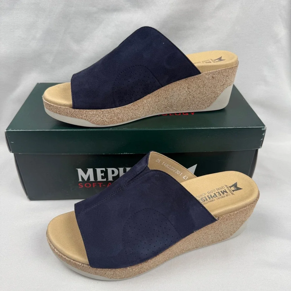 Mephisto Giuletta Indigo Blue Suede Cork Wedge Sandals Soft-Air EU 41 US 10 New